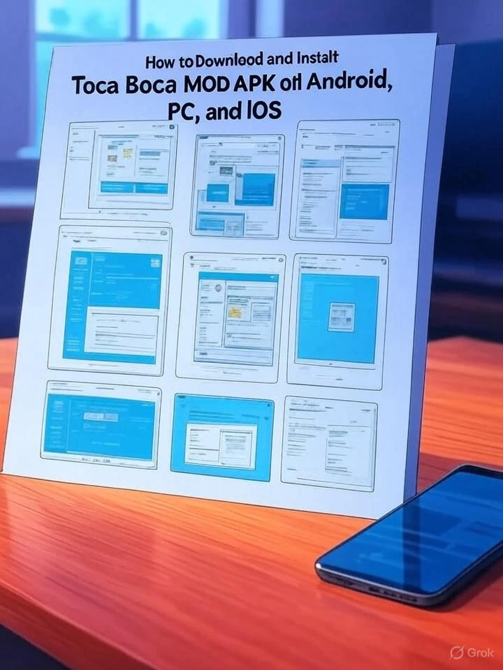 Your Guide to Downloading and Installing Toca Boca MOD APK on Android, PC, and iOS 1 A poster titled "How to Download and Install Toca Boca MOD APK on Android, PC, and iOS" displayed on an orange table, featuring multiple blue-themed screenshots of installation steps, with a smartphone placed beside it.