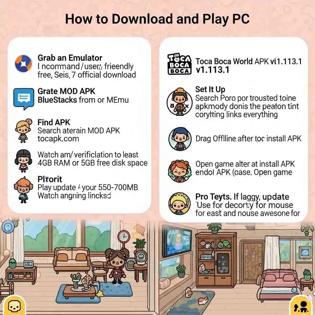 A guide image on how to download and play Toca Boca World APK v1.113.1 on a PC. The left side lists steps: Grab an emulator (recommended user-friendly free options like Bluestacks or MEmu), Grate MOD APK, Find APK (search at tocarpk.com), Watch anti/verification to least 4GB RAM or 5GB free disk space, Pltorit Play update (550-700MB) with angry links. The right side provides setup instructions: Set It Up (search from trusted site apkmodi donis the peaton tint with copyright links everything), Drag Offline after installing APK, Open game after installing APK endol APK (case, Open game), Pro Tyets (if laggy, update decor for ease and noise awesome). The background features a colorful Toca Boca World game scene with a character in a living room setting, including furniture, plants, and a TV.